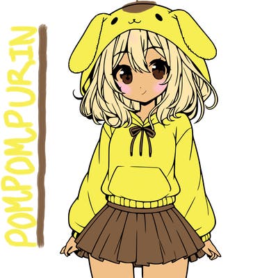 pretty anime girl wearing a fluffy hoodie with bunny ears on the hood and a skirt