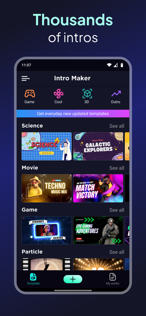 Dashboard dell'app mobile che mostra vari modelli di intro video per creator di YouTube