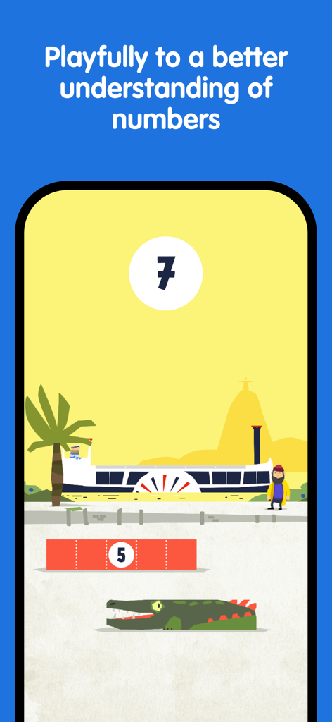 Fiete Math Numbers for Kids 5+ - Fiete Math app screen showing a harbor scene with a paddle steamer and number blocks for learning