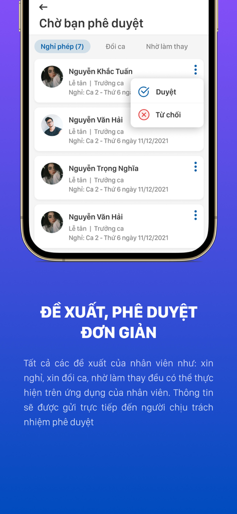 Interfaz de la aplicación móvil iPOS HRM que muestra el panel de control de un gerente para aprobar o rechazar solicitudes de licencia y cambio de turno de los empleados.