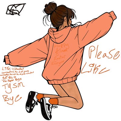 realistic girl jumping with a bun and oversized sweatshirt