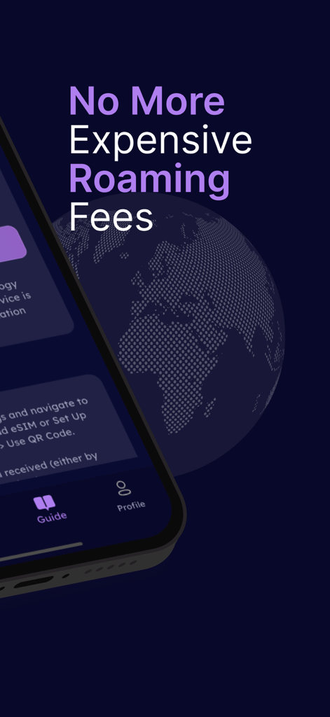 Simology app screenshot displaying text about saving on expensive roaming fees with a globe background