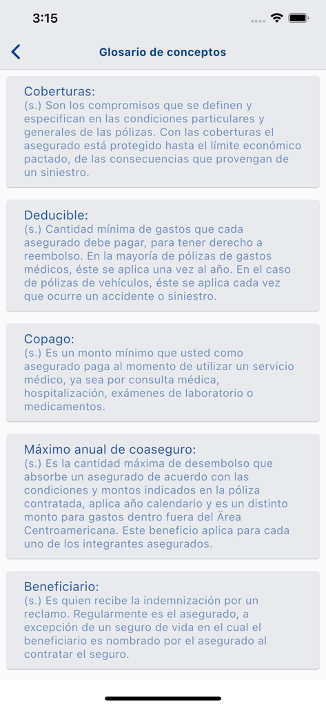 A screen from the RPN app showing a glossary of health insurance terms in Spanish including definitions for coverage, deductible, and copay.