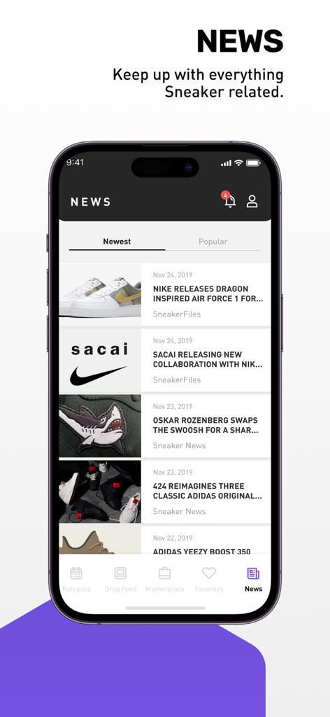 Smartphone screen showing the news section of the Sneaker Crush app with headlines about the latest sneaker releases and collaborations