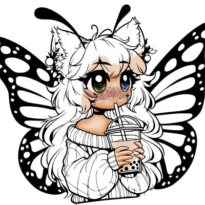 a realistic butterfly/furry girl drinking boba