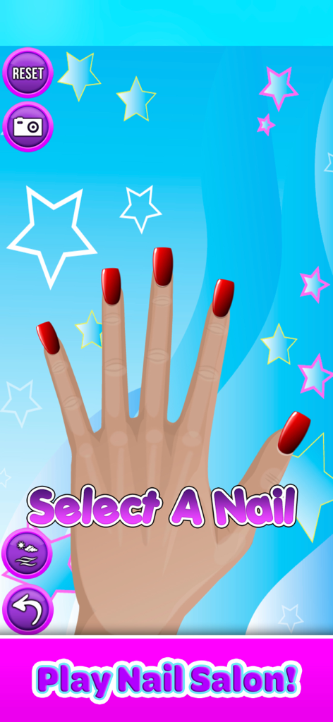 Nail Salon - Paint & Decorate - A digital hand with red painted nails against a blue starry background with a select a nail prompt