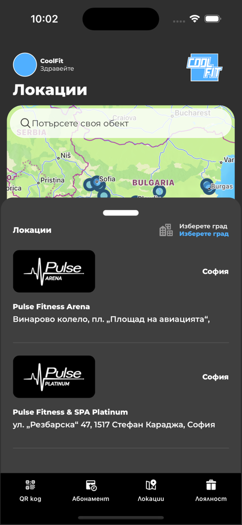 CoolFit - CoolFit app map interface showing fitness center locations