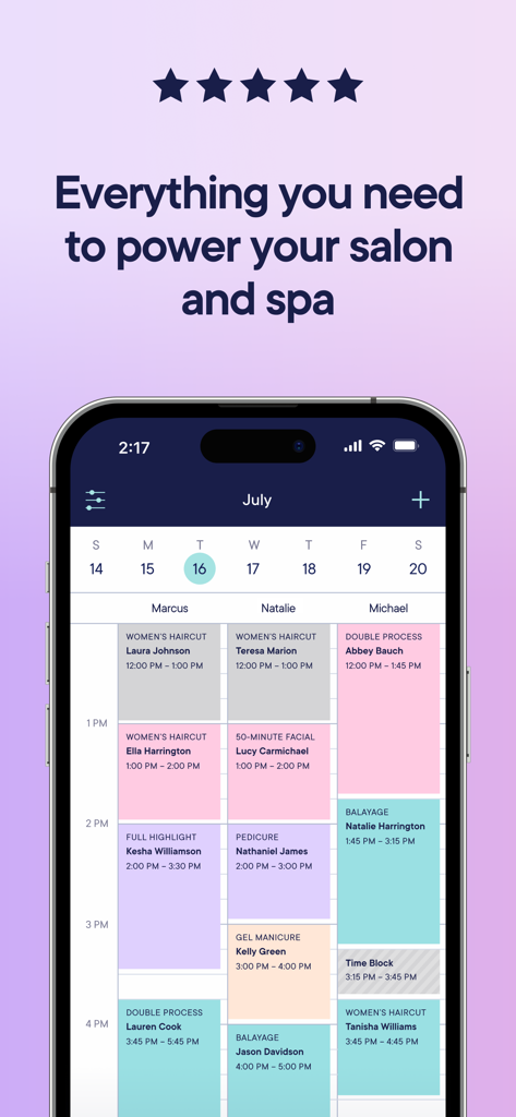 Mangomint mobile app showing a daily appointment schedule for multiple salon and spa staff members