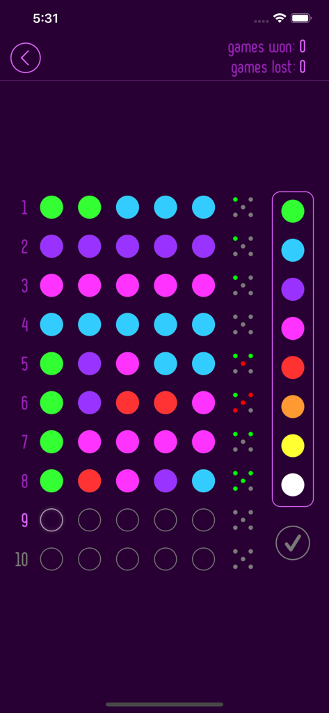 Break•the•Code - A gameplay screenshot of Break the Code showing a puzzle grid with rows of colored circles and logical deduction hints on a dark purple background