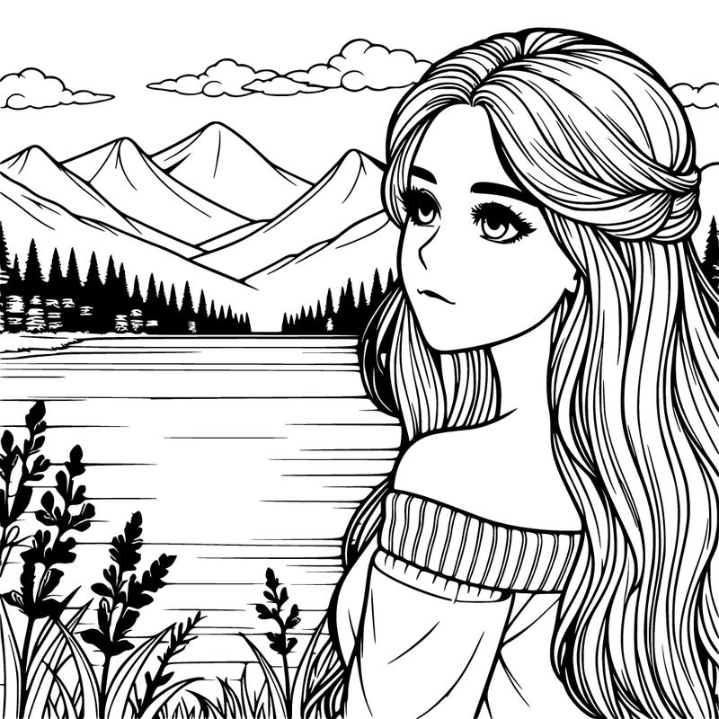 beautiful girl looking at the lake with mountains background, realistic