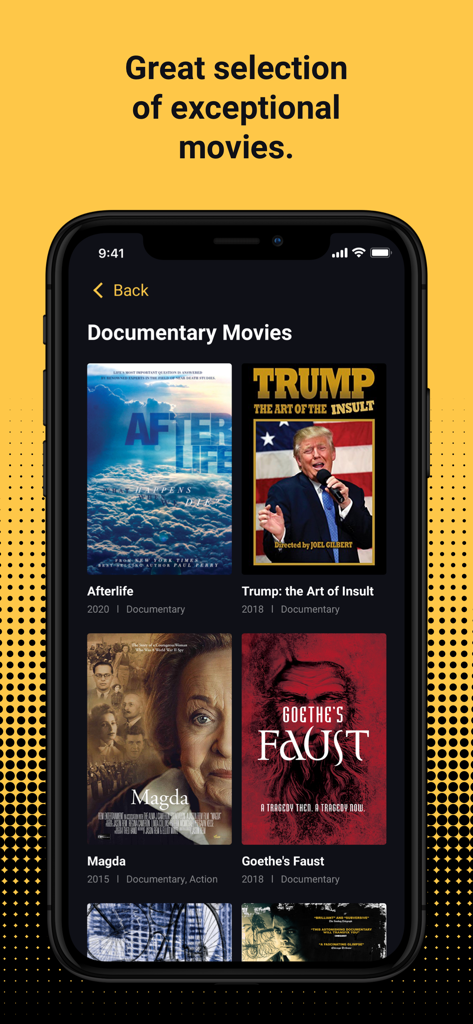 Aplicativo Filmzie exibindo uma coleção de filmes documentários independentes em uma tela de smartphone.