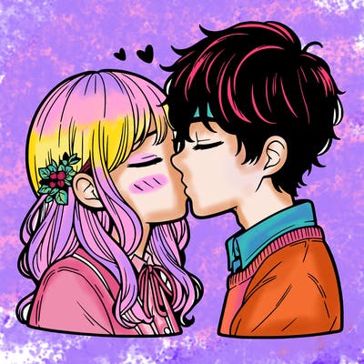 a realistic girl and a realistic boy kissing  with eys shut blushing