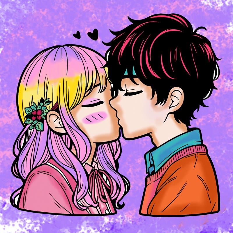 a realistic girl and a realistic boy kissing  with eys shut blushing