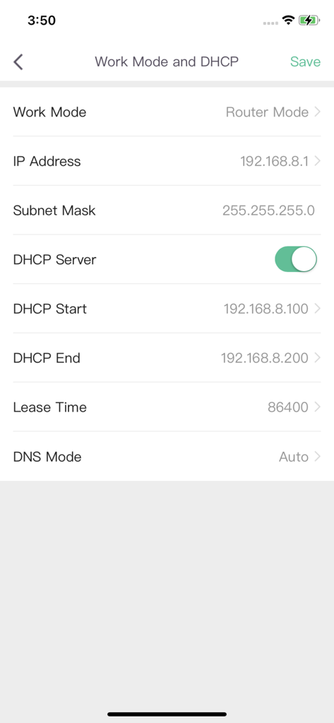 Wefast - Wefastアプリのインターフェース。MiFiデバイスのDHCPおよびワークモード構成設定が表示されています。