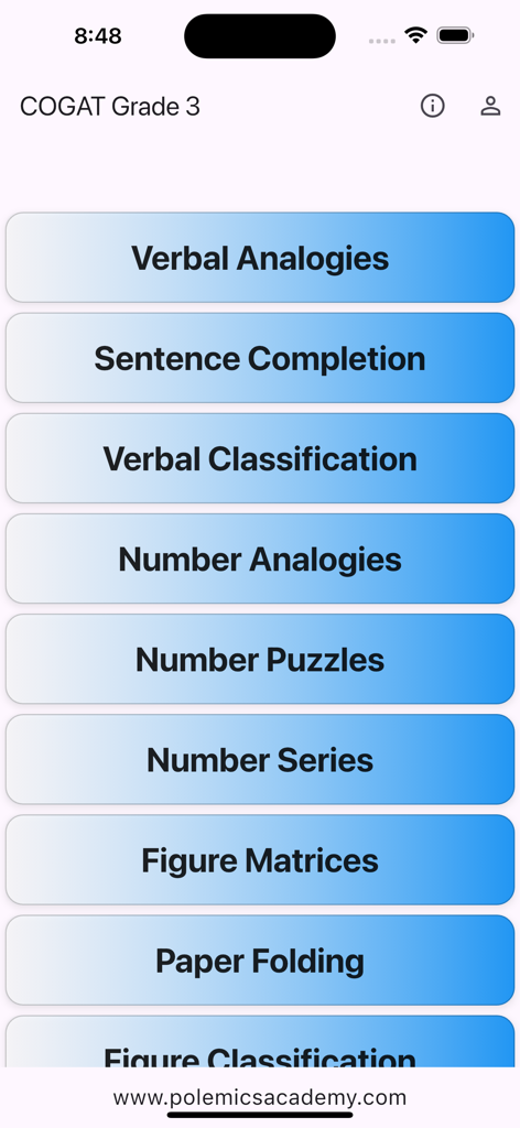 COGAT Grade 3 - Hauptmenü der COGAT 3. Klasse App zeigt Testkategorien wie verbale Analogien und Zahlenreihen