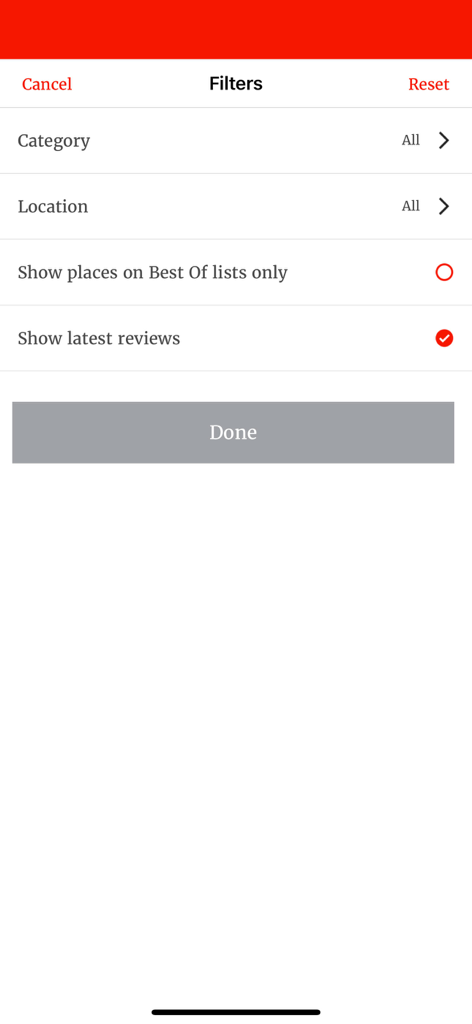blogTO - Search filters screen in the blogTO app showing options for category and location