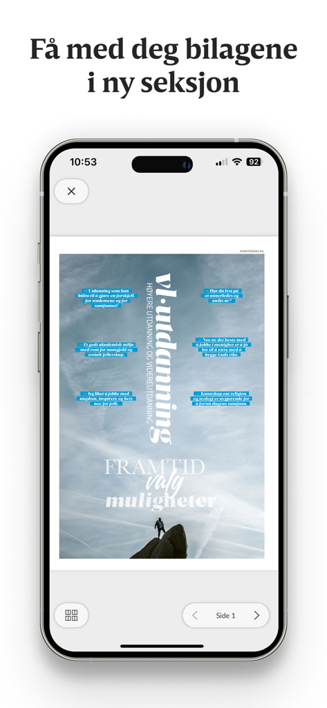 Vårt Land e-avis - A mobile phone screen showing a supplement page about higher education in the Vart Land e-avis news app.