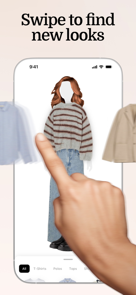 User interface of the Fits app showing a hand swiping through clothes to create an outfit on a digital mannequin.