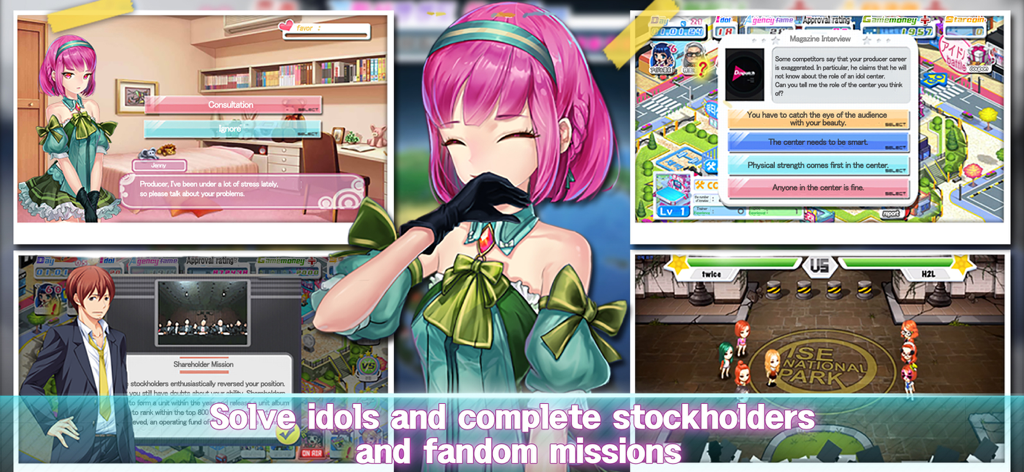 Love Idol Company : Kpop Girls - Un collage de gameplay de Love Idol Company montrant la consultation d'idoles, des interviews de magazines et des performances de groupes de filles K-pop.