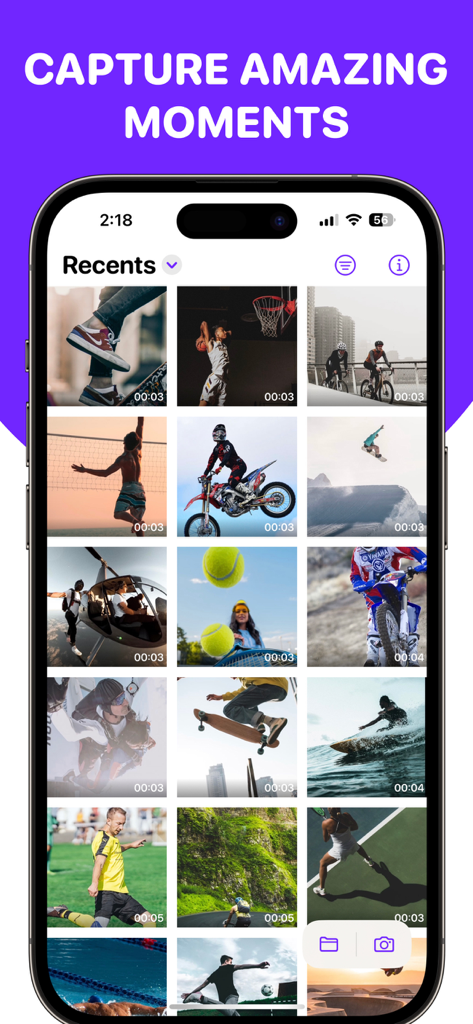 A grid of high-action videos in the Frame Grabber app library ready for frame extraction