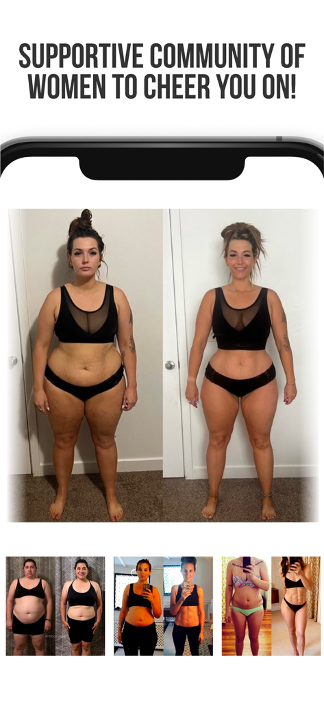 Before and after weight loss transformation photos of women from the Bodylura fitness community.