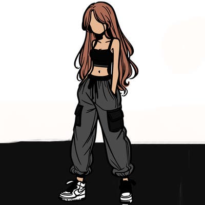 girl in baggy pants crop top and long hair