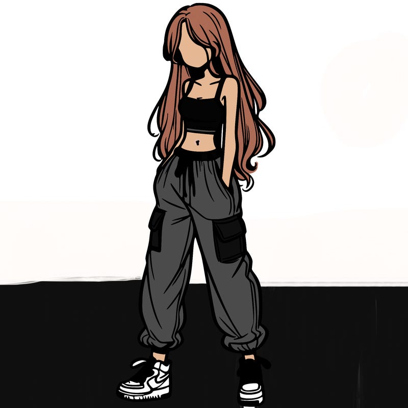 girl in baggy pants crop top and long hair