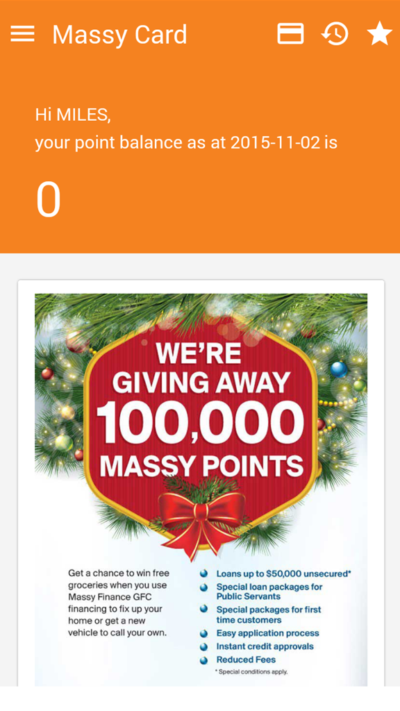 Massy Card Trinidad app dashboard showing points balance and a holiday promotion banner for a one hundred thousand points giveaway