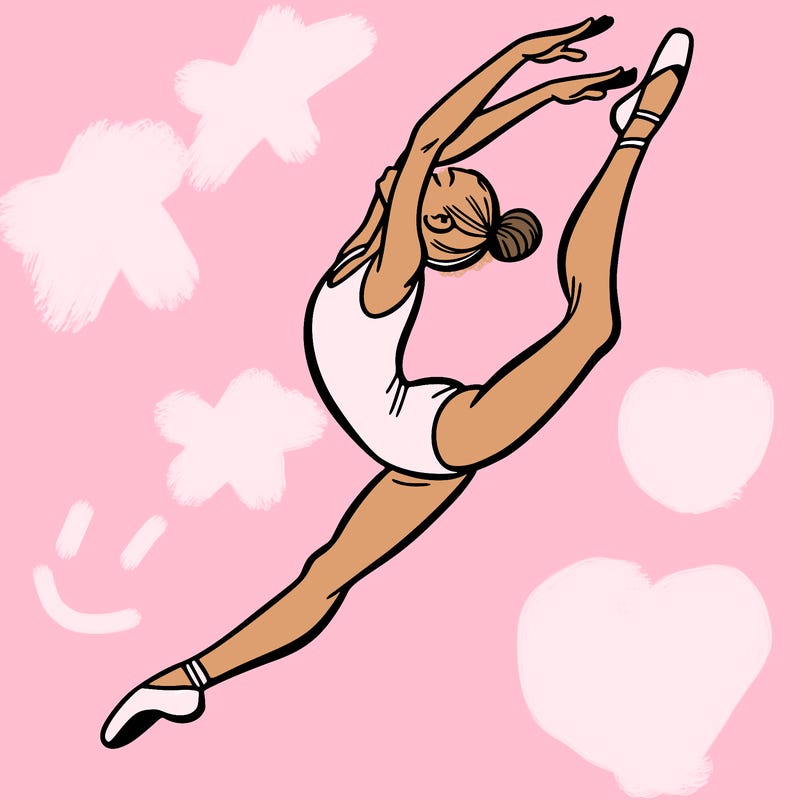 gymnast doing a leap in a leotard with a bent back leg