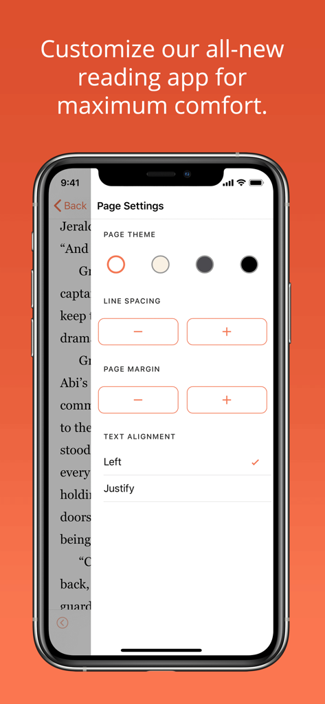 BookFunnel - BookFunnelアプリのインターフェース。テーマとレイアウトのカスタマイズ可能なページ設定が表示されています。