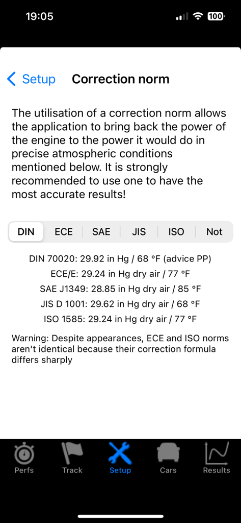 Setup screen in the PerfectPower app for selecting engine power correction standards like DIN SAE and ISO