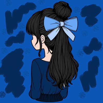 realistic girl  with hip length hair a bun and a big bow on the back of head