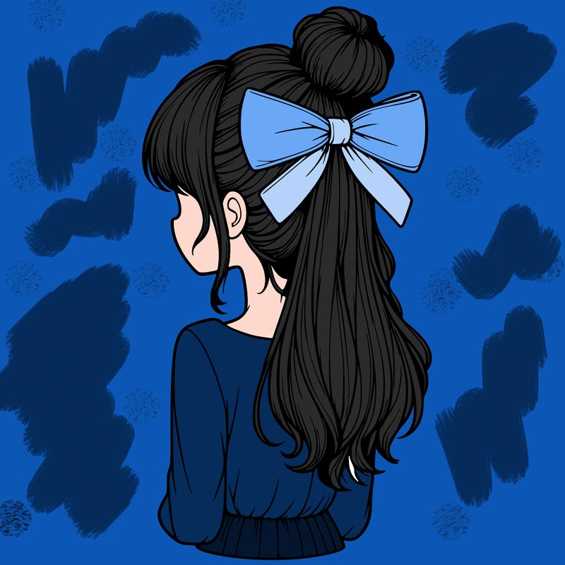 realistic girl  with hip length hair a bun and a big bow on the back of head