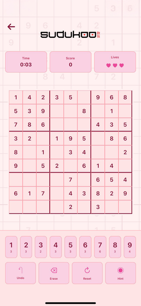 Interfaz de juego de Sudoku minimalista con un diseño moderno en rosa y la cuadrícula del puzzle