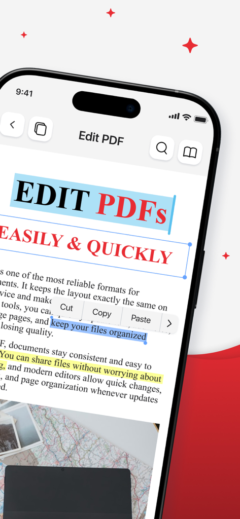 PDF Editor — AI Summarize - iPhone screen showing the edit interface of a PDF editor app with text highlighting and editing options