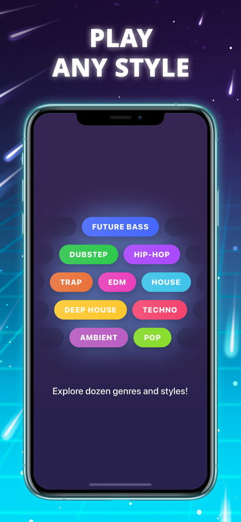 Beat Maker Star - Rhythm Game - Una pantalla móvil que muestra varios géneros musicales como Trap, Dubstep y Hip Hop en la aplicación del juego de ritmo Beat Maker Star
