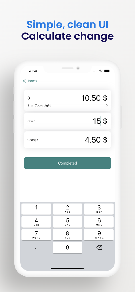 Interface do aplicativo móvel Register Helper mostrando um cálculo de transação para três bebidas com dinheiro recebido e troco a dar.