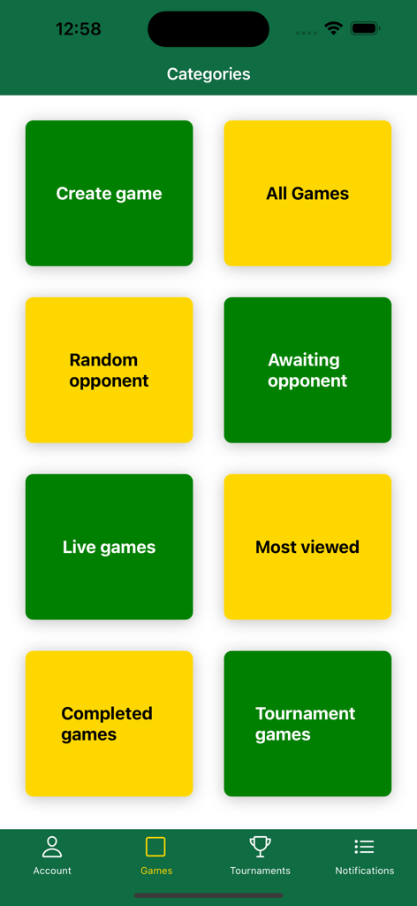 AfroDraught - AfroDraught mobile app menu showing game category buttons like Create game, Random opponent, and Live games