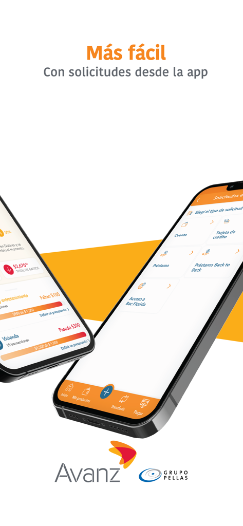 Interfaz de la aplicación Avanz Móvil que muestra opciones para solicitar préstamos, tarjetas de crédito y seguimiento de gastos.