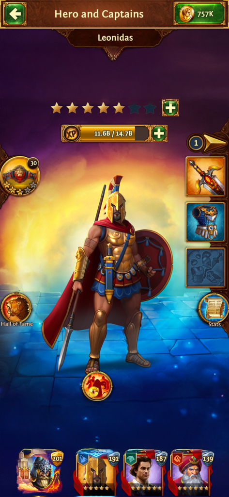 装備とステータスを示すTotal Battleのヒーロー、レオニダスのキャラクター画面。