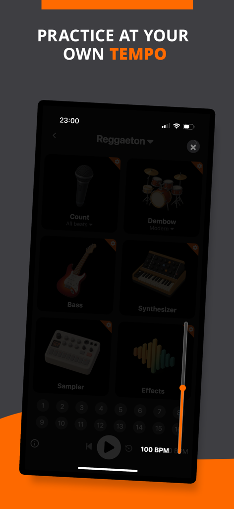 Reggaeton Rhythms - BeatLab - Interface of the Reggaeton Rhythms app showing tempo control and instrument stems