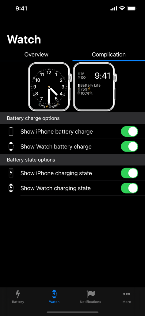 Apple Watch settings screen for battery complications and charging state options