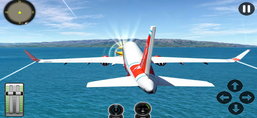 Flight Simulator & Plane Game - A commercial airplane flying over the ocean in a 3D flight simulator mobile game