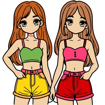 two sisters with crop tops and jean shorts and straight hair