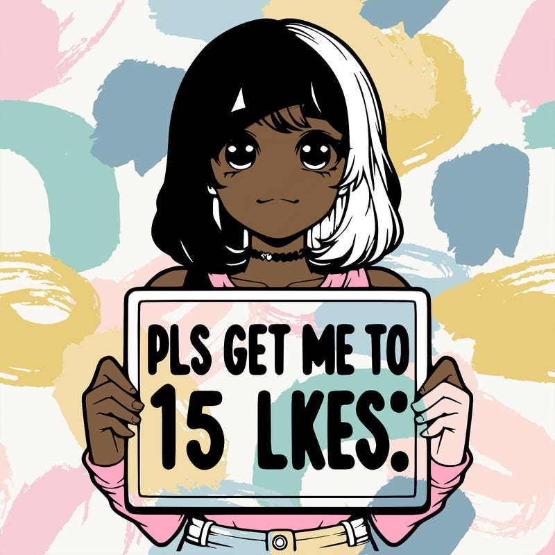 realistic girl holding up a sign that says “pls get me to 15 likes!”