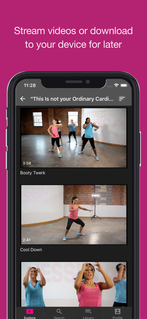 Mobile app interface of Dance Fitness with Jessica showing a list of dance workout videos available for streaming and downloading.