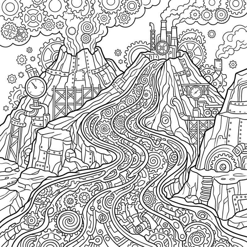 Unleash your creativity with this incredible Steampunk Lava Flows coloring page, where nature's power meets intricate mechanical ingenuity. Discover a world of gears, pipes, and volcanic energy waiting for your artistic touch.