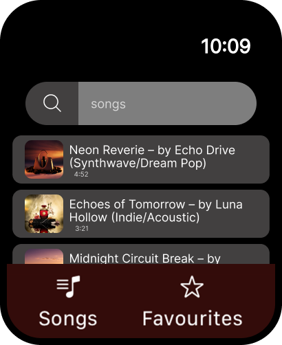 Cloudsy for SoundCloud - Cloudsy for SoundCloud interface on Apple Watch showing a search bar and a list of songs with genre and artist details