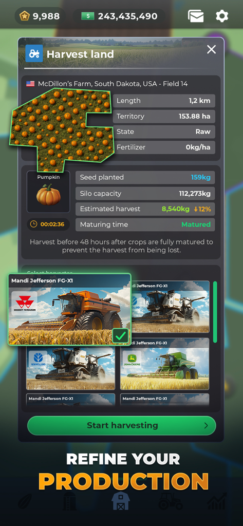Farm Manager - 2026 - Harvest management screen showing pumpkin crop data and machinery selection in Farm Manager 2026.