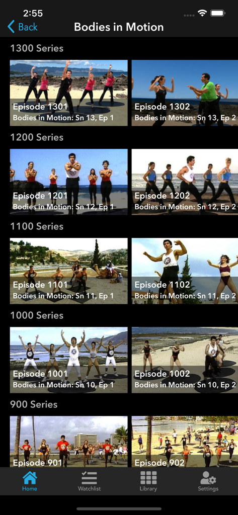 Gilad TV app screen displaying a library of Bodies in Motion fitness workout episodes organized by series.